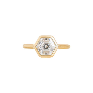 Hexagon engagement ring, bezel set in yellow gold. Made with moissanite or lab diamond