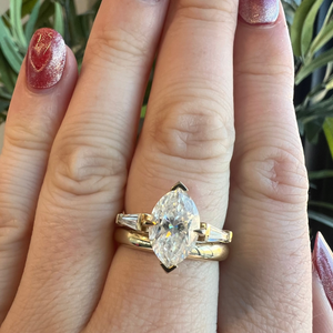 Gold, elegant Grace Marquise Engagement Ring Stacked with Gold Half Round London Band, 3mm