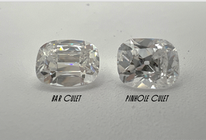 Old mine cut culet options in moissanite. Circular pinhole culet and rectangular bar culet. Front view.