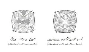 Old mine cut and cushion brilliant facet patterns. Old Mine Cut standard in moissanite, and cushion brilliant standard with all other stones.