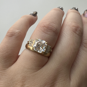 Our Gold Sophia Asscher Engagement Ring stacked with Paris Antique Gold Wedding Band
