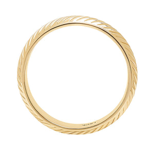 Yellow gold antique inspired wedding band. Striped engraving. Wide band. Side view.