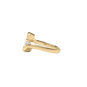 Yellow gold oval bypass partial bezel engagement ring. Side View