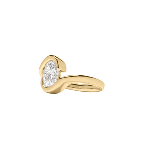 Yellow gold oval bypass partial bezel engagement ring. Side angled View