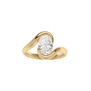 Yellow gold oval bypass partial bezel engagement ring. Front View