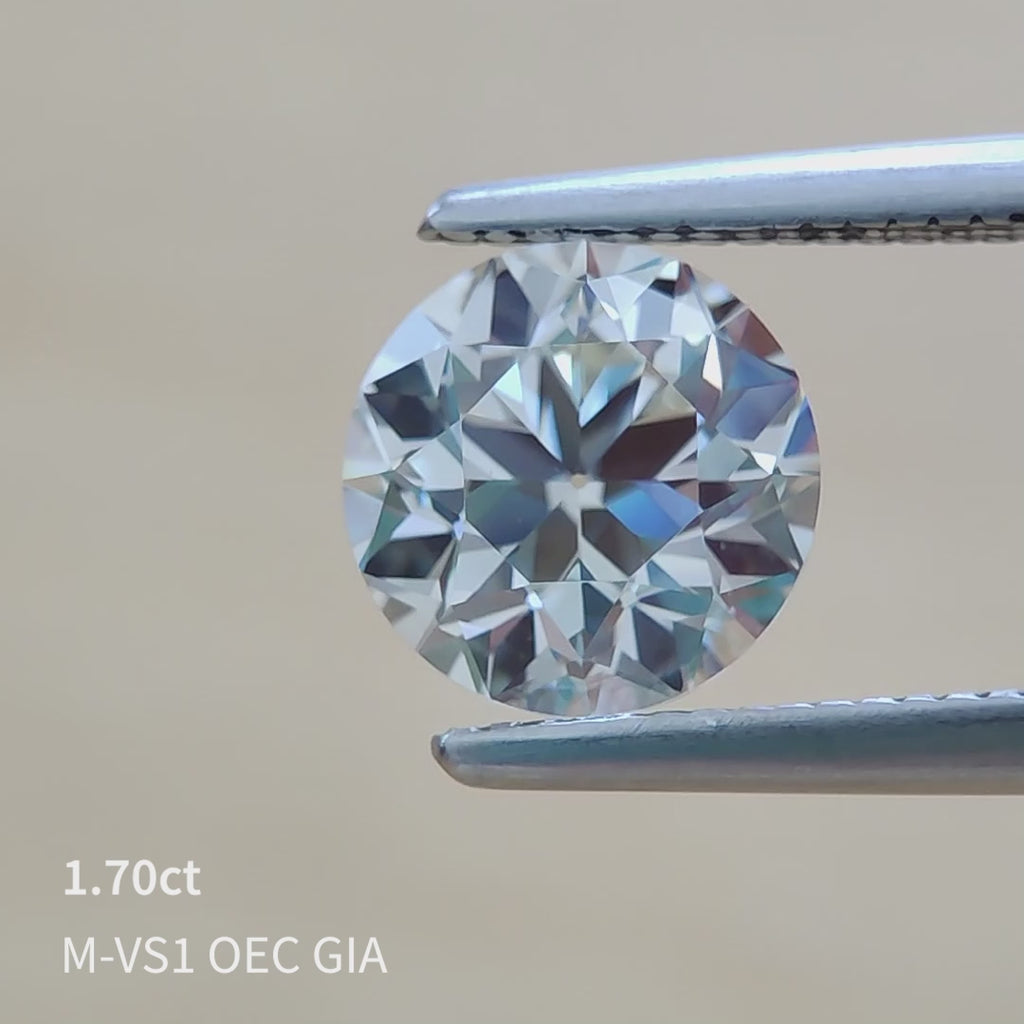 Video of antique Old European Cut natural mined diamond with visible culet and chunky facets, 1.7 ct, M color, VS clarity