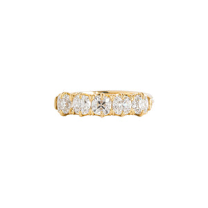 Yellow gold eternity band with five Old Mine Cut moissanite or lab diamond or cushion lab diamonds. Front view.