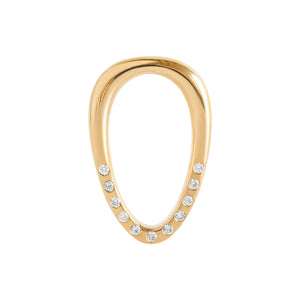 Yellow gold earring shaped like a soda tab with lab diamonds flush set into the bottom half of the earring.