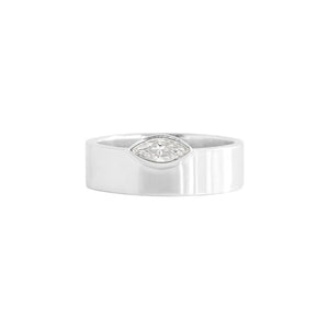 Asymmetrical white gold engagement ring or wedding band on a white background. East-west marquise moissanite or lab diamond offset onto a wide band. Front view.