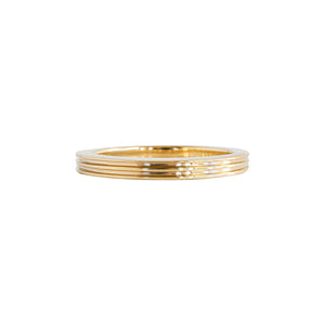 Yellow gold wedding band, grooved with ridges, on a white background.