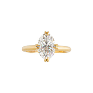 Yellow gold, compass-set NSEW double claw prong solitaire engagement ring on a white background. Front view.