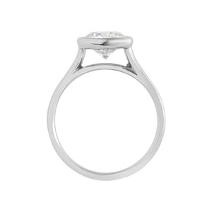 White gold bezel-set round brilliant hearts & arrows cut moissanite or lab diamond solitaire engagement ring on a white background. Floating gallery cathedral. Gallery view.