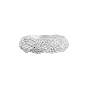 White gold wedding band in the style of rope or Turk's head knot.