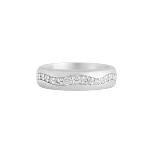 Wide 5 mm wedding band in white gold, with wavy line of diamonds inset in the middle.