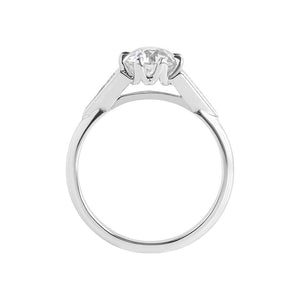White gold old European or round brilliant accented engagement ring. Eight-prong Victorian crown basket. Diamond accented side triangles. Floating gallery cathedral. Side view.