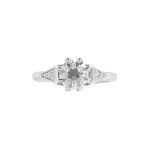 White gold old European or round brilliant accented engagement ring. Eight-prong Victorian crown basket. Diamond accented side triangles. Floating gallery cathedral. Front view.