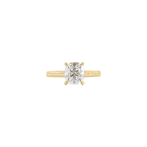 Yellow gold Old Mine cut or cushion brilliant cut cathedral engagement ring, with hand wheat engraving inspired by the Art Deco period. Front view.
