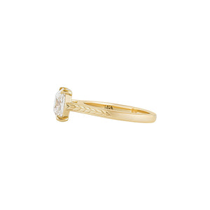 Yellow gold Old Mine cut or cushion brilliant cut cathedral engagement ring, with hand wheat engraving inspired by the Art Deco period. Side view.
