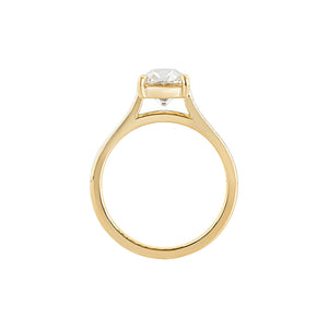 Yellow gold Old Mine cut or cushion brilliant cut cathedral engagement ring, with hand wheat engraving inspired by the Art Deco period. Side view.