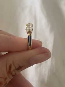 Yellow gold eternity band with five Old Mine Cut moissanite or lab diamond or cushion lab diamonds. Royal blue enamel on sides. 